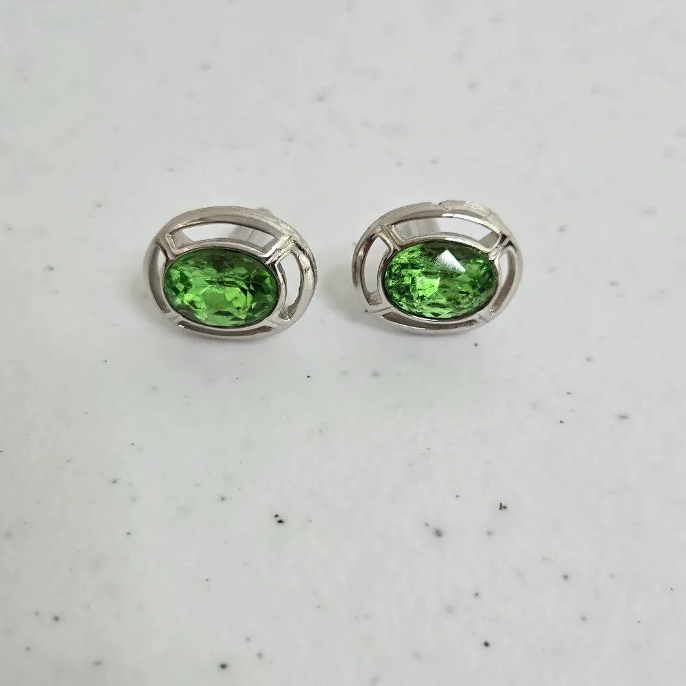 Swank Green Rhinestone Cufflinks Silver Tone Mens Oval Crystal Vintage